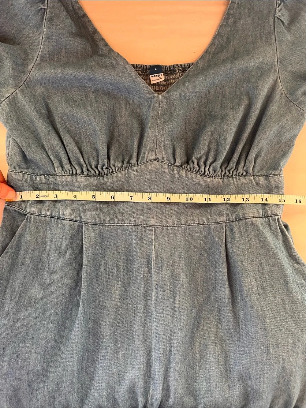 Old Navy Waist-Defined Smocked Denim Jumpsuit Chambray Large - Picture 13 of 14